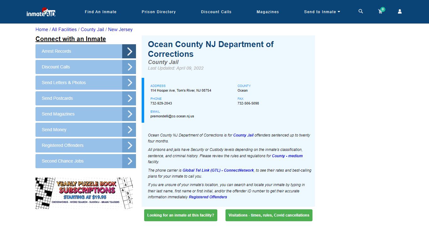 Ocean County NJ Department of Corrections - Inmate Locator - Tom's ...
